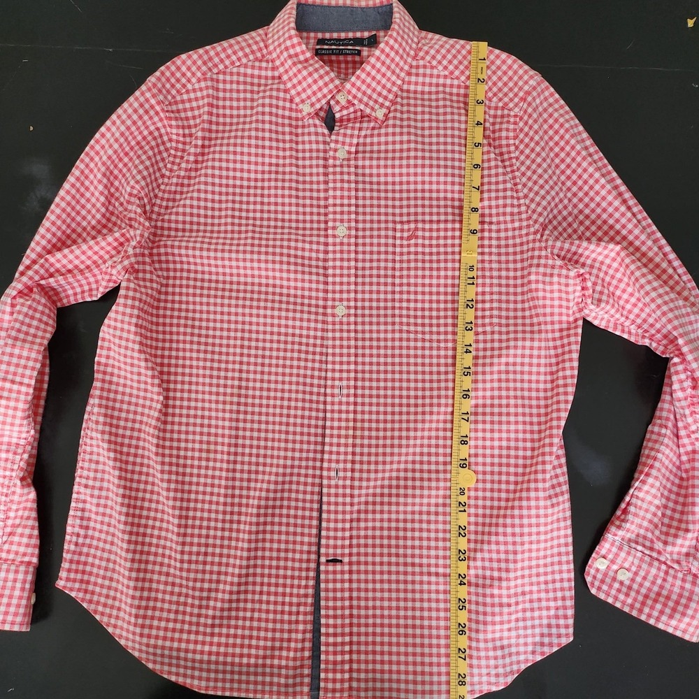 Nautica Mens L Classic Fit Stretch Gingham Orange Checkered Button Down Shirt - Picture 4 of 9
